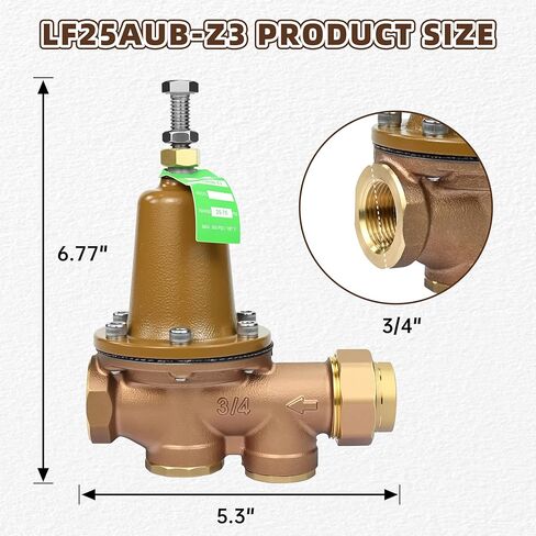 استبدال صمام تخفيض الضغط LF25AUB-Z3 للوات LF25AUB-Z3، صمام منظم ضغط المياه 3/4 بوصة قابل للتعديل 25-75 رطل لكل بوصة مربعة إعداد مسبق للمصنع 50 رطل لكل بوصة مربعة، اتحاد أنثى NPT x أنثى NPT in Kuwait