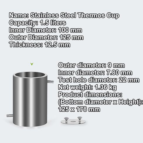 1.5l Laboratory Disperser Barrel, Stainless Steel Disperser Mixing Drum with Includes Lid, Thickness 12.5mm, Outer Diameter 125mm, Inner Diameter 100mm, for Laboratory Stirrer in Kuwait