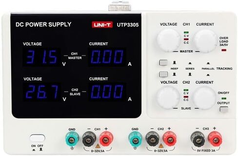 UNI-T UTP3305-II مزود طاقة خطي DC ذو 3 قنوات 3Ch 100 مللي فولت/10 مللي أمبير 32 فولت CV: ≥1×10⁻⁴+3 مللي فولت CC: ≥2×10⁻⁴+3 مللي أمبير 5 فولت جهد الخرج (335 وات، خرج 5 أمبير) in Saudi Arabia