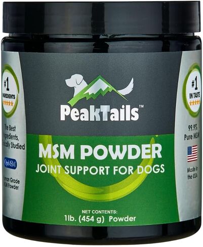PeakTails MSM Powder for Dogs, 1 lb, Hip and Joint Support Supplement, 99.9% Pure Distilled MSM, Made in The USA in Saudi Arabia