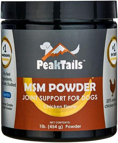 PeakTails MSM Powder for Dogs, 1 lb, Hip and Joint Support Supplement, 99.9% Pure Distilled MSM, Made in The USA in Kuwait