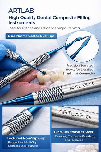 Dental Composite Resin Filling Gold Coated Restorative Kit - Composite Dental Hand Instruments - Dental Tools Professional Stainless Steel Restorative Instruments - Artlab (Blue - Set of 6) in Saudi Arabia