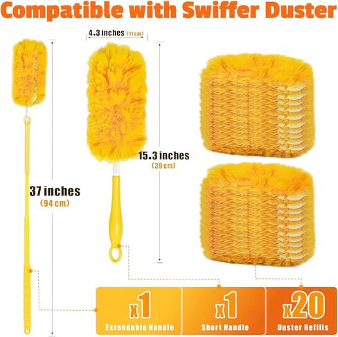20-Pack Duster Refills Compatible for Swiffer Duster, 360° Heavy Duty Duster Refills with 1 Extended Handle 3FT +1 Short Handle, Multi-Surface Cleaning Kit for Blinds Bookshelf Furniture Ceiling Fans in Saudi Arabia