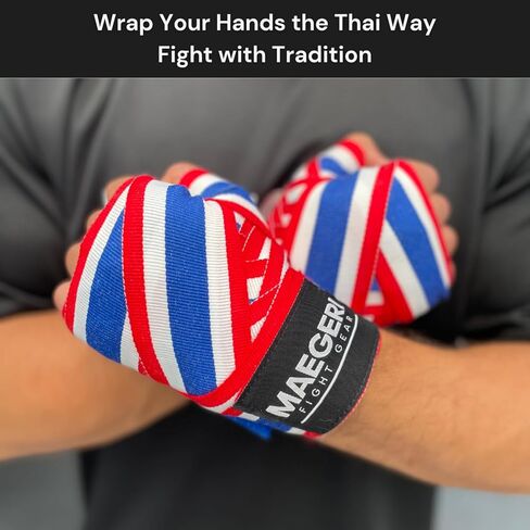 Muay Thai Hand Wraps 180 Inch – Thai Flag Elastic Boxing Hand Wraps for Muay Thai, Kickboxing & MMA – Muay Thai Wrist Wraps for Men & Women – Professional Training Equipment in Kuwait