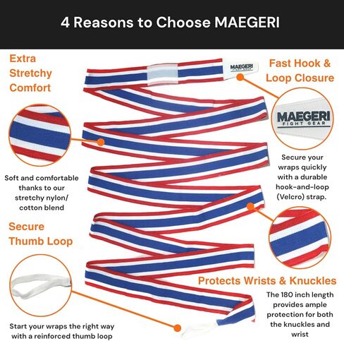 Muay Thai Hand Wraps 180 Inch – Thai Flag Elastic Boxing Hand Wraps for Muay Thai, Kickboxing & MMA – Muay Thai Wrist Wraps for Men & Women – Professional Training Equipment in Kuwait