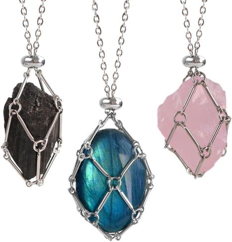 قلادة حامل كريستال فاناسي - قفص من الفولاذ المقاوم للصدأ للأحجار، قلادة قلادة كريستال بطول قابل للتعديل، مجوهرات أحجار كريمة طبيعية للرجال والنساء in Kuwait