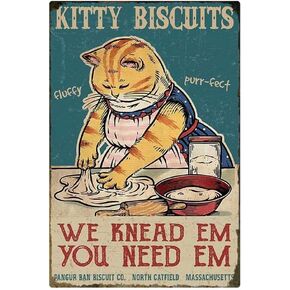 Tin Sign Kitty Biscuits Cat Kneading Noodles Retro Metal Poster House Home Decoration Bar Cafe Wall Plaque Mural 8x12 Inches