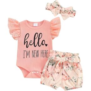 Newborn Baby Girl Hello I’m New Here Clothes Lace Sleeve Knit Romper Floral Shorts Headband Summer Coming Home Outfit