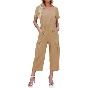 Tongmingyun Womens Casual Summer Jumpsuit Short Sleeve Pleated Cotton Elastic Waist Capri Pants Rompers