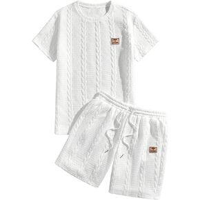Floerns Men's 2 Piece Outfits Cable Knit Letter Patched Crewneck Tee and Shorts Sets