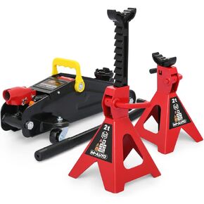 M-AUTO Hydraulic Trolley Floor Jack Combo with 2 Jack Stands, 2 Ton (4000 lb) Capacity, Steel Car Jacks Adjustable Height 10 3/4" to 16 3/4", Car Lift Auto Repair Tools, Red (Set of 3)