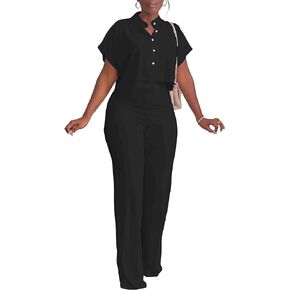 Women's Summer 2 Piece Outfits Casual Tracksuit Short Sleeve Button Down Crop Top Wide Leg Long Pant Lounge Sets