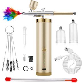 Airbrush Kit Portable Airbrush with Compressor Auto Airbrush Gun Kit Handheld Airbrush Set High Pressure Air Brush Set with 0.3mm Nozzle Cordless Cleaning Air Brush Set (Golden)