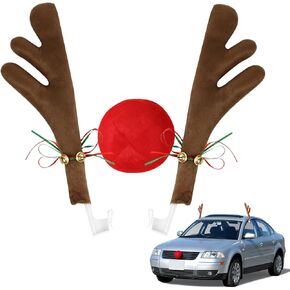 Car Christmas Reindeer Antler Decorations, Vehicle Christmas Car Decor Kit with Jingle Bells Rudolph Reindeer and Red Nose, Set (Brown)