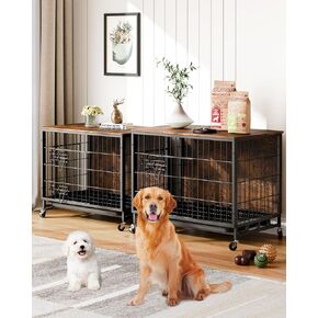 Dog Crate Furniture, 38.6" Double-Doors Dog Kennel Indoor with Removable Tray and Wheels, Wooden Dog Crates for Large Dogs, Large Dog Crate, Dog Crates, Decorative Dog Cage End Table, Rustic Brown
