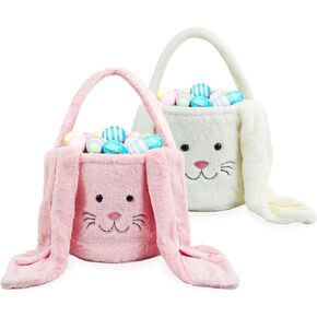 2 Pieces Easter Bunny Basket Pink and White Plush Easter Egg Hunting Baskets with Long Plush Ear Easter Bucket Bags for Kids Girls Gift Candy Easter Decorations