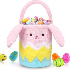Easter Basket for Kids, Bunny Easter Basket with Handle,Plush Easter Baskets Empty,Easter Bunny Baskets Tote Bag for Egg Hunting Easter Theme Party Favor,Easter Gift for Kids Boys Girls