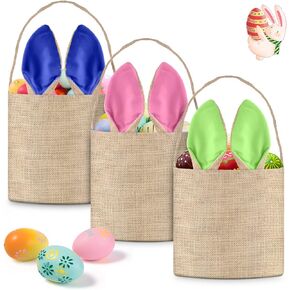 PACETAP 3 Pcs Easter Bunny Baskets with Ears Stand Up, Cute Easter Canvas Jute Bags, Easter Burlap Bunny Ear Bags for Kids Gift Egg Hunting Candy (Pink, Green, Blue) in Kuwait