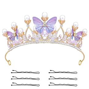 Butterfly Crown for Girls, Princess Crown Exquisite Princess Tiara with Pearls Butterfly Tiara for Christmas Birthday Cosplay Costumes