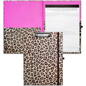 حافظة حافظة Mymazn Leopard مع مفكرة مبطنة قابلة لإعادة الملء ومجلد جيب للتخزين الداخلي ومشبك ورق A4، مع حلقة قلم، شريط مطاطي، الفهد
