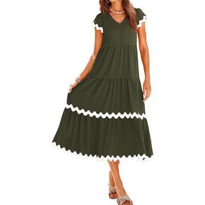 BTFBM Womens Summer Dresses 2024 V Neck Cap Sleeve RIC Rac Loose Tiered A-Line Beach Vacation Midi Dress with Pocket