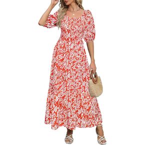 Lyrur Summer Boho Smocked Maxi Dresses for Women 2024 Casual Puff Sleeve Square Neck A Line Tiered Ruffle Ankle Length Dress