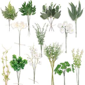 CEWOR Artificial Greenery Stems Box Set 45pcs with 13 Kinds of Fake Greenery Faux Greenery Stems for Wedding Vase Bouquet Table Centerpieces and Spring Floral Arrangement Decor (Green)