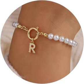 MONOZO Initial Pearl Bracelets for Women Girls Gifts - Personalized Pearl Bracelet Dainty Gold Initial Bracelets for Women Teen Girls Bridesmaid Gifts Wedding Gifts Valentine's Gift