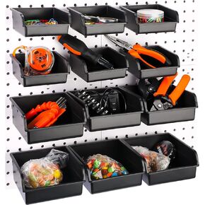 12 Pieces Pegboard Bins Kit 3.5'' 5.5'' Plastic Peg Board Storage Bins with Hooks Pegboard Accessories Workbench Bins Fits Any Peg Board for Organizing Hardware, Garage, Craft Room, Tool Shed