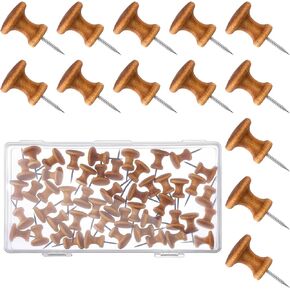 50 Pieces Push Pins Wooden Thumb Tacks 1 Inch Decorative Push Pins for Cork Board Wood Pins Tacks Wall Tacks with Box for Map, Calendar, Picture Hanging, Home Office Classroom Supplies