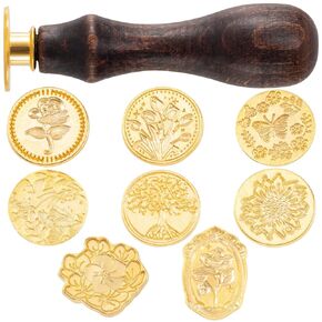 9PCS Wax Seal Stamp Kit,Vintage Brass Wax Stamp Heads with Wooden Handle for Invitations & Gift Cards(Tree of Life、Vintage Rose、Love Rose、Tulip、Daisy、Butterfly Garden、Forest Story、Sakura)
