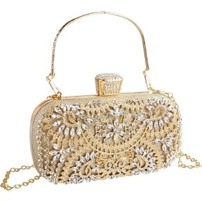 Gold Clutch Purses for Women Evening, Diamond Wedding Clutch Crossbody Shoulder Bag with Crystal, Sequin Formal Flower Rhinestone Handbag for Party Bridal Prom