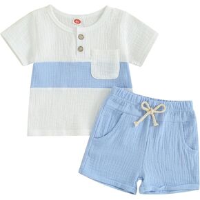 Kupretty Baby Boy Summer Clothes Toddler Outfit Linen Short Sleeve Button T-Shirt Tees + Shorts Infant Clothing Set