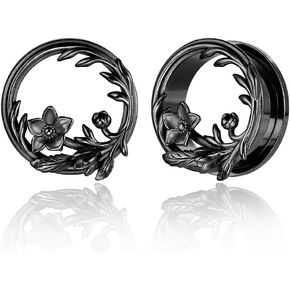 LADEMAYH 2 PCS Cute Flower Design Ear Plugs Tunnels Gauges for Women - Black Stainless Steel 316L Body Piercing Basic Earrings for Stretched Earlobe 19mm=3/4"