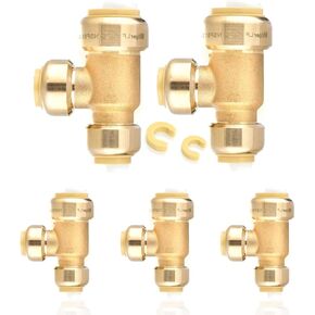 2-Pack Pushfit Tee, 3/4"x1/2"x3/4" Push to Connect Plumbing Fittings with Disconnect Clips, Brass Push-fit Fittings for PEX, Copper, CPVC, PE-RT Pipes