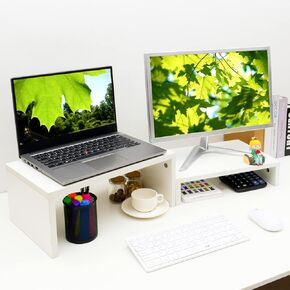 TEAMIX 2 Pack Black Monitor Stand Riser,Wood 2 Tier Adjustable Monitor Stand Dual Monitor Riser for 2 Monitors/Laptop/PC Computer Stand Desktop Space Saver
