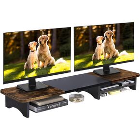 حامل شاشة مزدوج من ARCOBIS مع مساحة تخزين، رف منظم مكتب خشبي كبير مقاس 39.3 بوصة، حامل شاشة كمبيوتر لشاشتين، حامل منظم سطح المكتب متعدد الأغراض للكمبيوتر والكمبيوتر المحمول والطابعة والتلفزيون in Kuwait