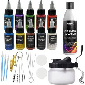 Pixiss Airbrush Paint Set with Brush Cleaning Pot and Fluid (4 fl oz) - 10 Colors of Vibrant Acrylic Paint - Needle Tip Bottles - For Model and Miniature Painting - Air Brushing Accessories Kit