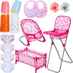 Shappy 13 Pcs Baby Doll Accessories Doll Play Set Include Doll High Chair, Doll Bouncer, Crib, Disappearing Milk and Juice Bottles, Pacifier, Bibs, Diapers for Girls Birthday Gifts