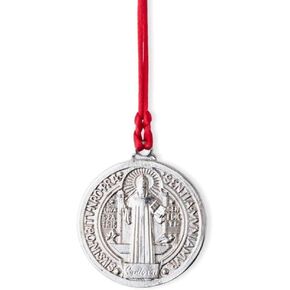 Saint Benedict Medal Blessing with Red Ribbon - Medalla de San Benito Plateada, 2" Diameter Crucifix with Prayer Card - House Blessing to Hang on Door, Wall - Home Protector Gift Charm
