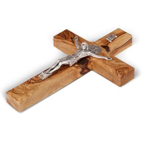 Wooden Wall Cross, St Benedict Crucifix, Made of Olive Wood in Bethlehem, Christian Spiritual Religious Gift protects from curses evil and vice. Size: 6 X 3.7" "