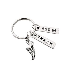 Pewter RUN TRACK 400m Key Chain - Pewter Running Shoe Charm, Pewter TRACK and Pewter 400m Pendant on Round Key Ring - Track 400 Meter Race - All Pewter Key