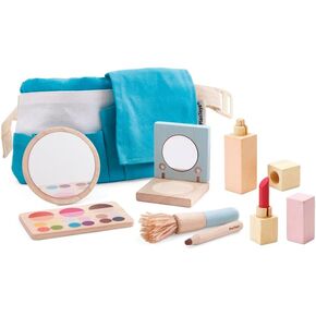 PlanToys Make Up Set for Kids - Sustainably Made from Rubberwood Featuring Organic-Pigment Coloring and Water-Based Dyes with a Mirror, Brush, Bag, and 5 Pieces of Makeup