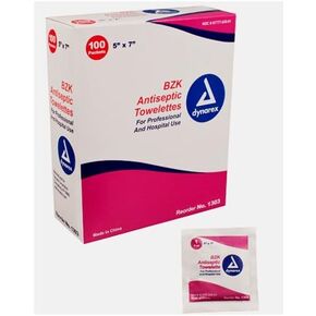 Dynarex 1303 BZK Wipe, Case, 10 Boxes, 1000 Towelettes, Standard