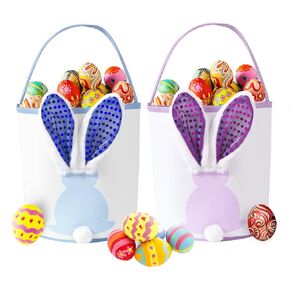 Easter Bunny Baskets Empty with Lights, Large Easter Egg Hunt Baskets for Kids, Canvas Easter Basket Candy Tote Bags with Handles, Easter Decorations Party Supplies (Blue + Purple)