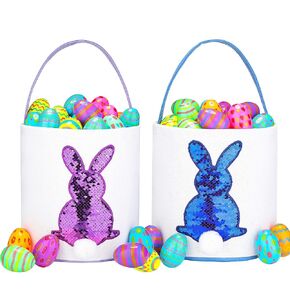 Easter Baskets for Kids - Boys and Girls Easter Egg Hunt Baskets, Cute Sequin Rabbit Bunny Printed Canvas Gift Basket for Baby, Easter Decorations Party Supplies (G-Blue and Purple)