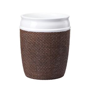 Bathroom Wastebasket - Ceramic Decorative Trash Can with Wooden Base (White and Beige)…
