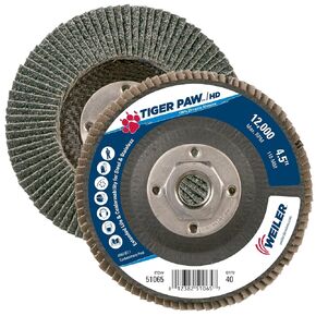 Weiler 51065 4-1/2" Tiger Paw Super High Density Flap Disc, Conical (TY29), Phenolic Backing, 40Z, 5/8"-11 UNC Nut (Pack of 10)