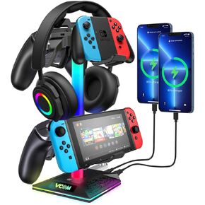 حامل سماعات الرأس للألعاب VCOM RGB مع منفذين USB ومنفذ واحد من النوع C، حامل سماعة الرأس مع 10 أوضاع إضاءة ومطاط غير قابل للانزلاق، مناسب لجميع ملحقات سماعات الأذن، أفضل هدية للاعبين المكتبيين