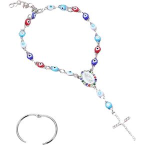 Car Rosary for Rearview Mirror,Golden Evil Eye Rearview Mirror Auto Rosary Beads Car Medal and Cross Hanging Accessories for Mirror Interior Decors for Women Men